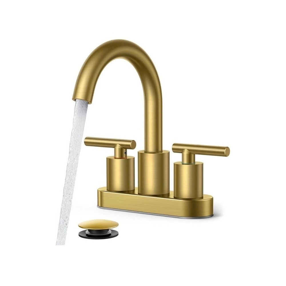 FORIOUS Bathroom Sink Faucet Brushed Gold 4in Centerset High Arc Drain Spout
